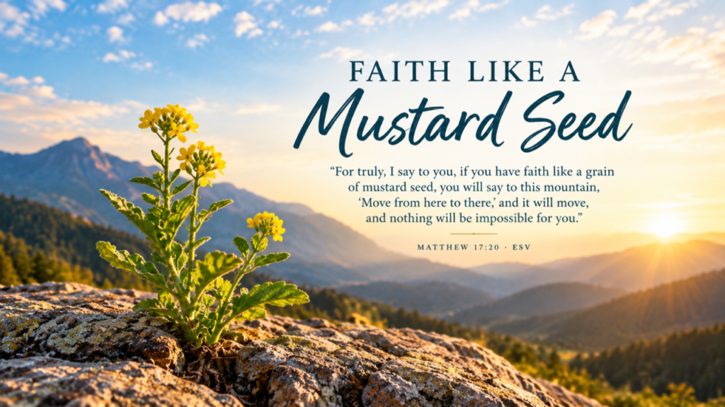 Faith Like a Mustard Seed devotional graphic featuring sunflowers, mountains, and a bright blue sky.