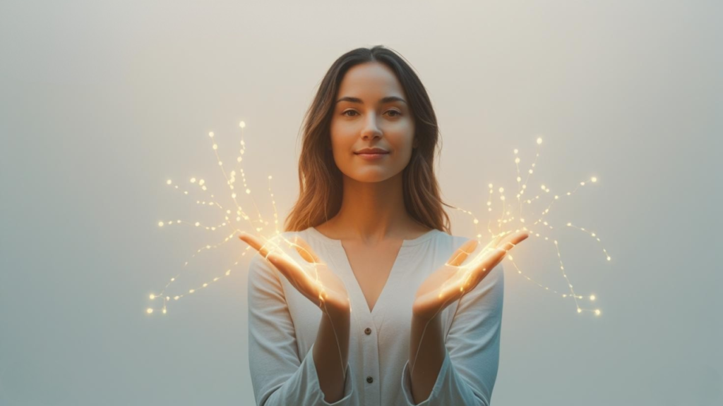 Illustration of a woman holding her hands open with glowing light, symbolizing connection and inspiration.
